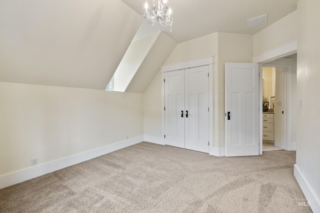 bonus room with carpet flooring, baseboards, vaulted ceiling, and visible vents