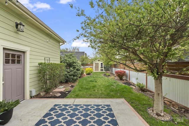 view of yard with a patio, a fenced backyard, a storage shed, and an outdoor structure