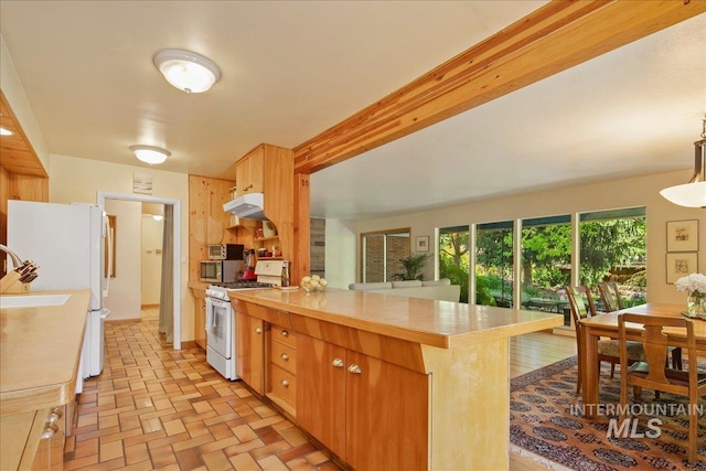 424 N Mobley Dr, Boise, ID 83712 - kitchen featuring white appliances, a peninsula, under cabinet range hood, light countertops, and brick patterned flooring