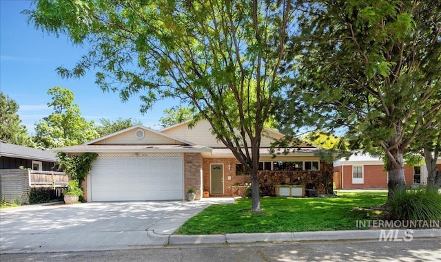 424 N Mobley Dr, Boise, ID 83712 - ranch-style house featuring a garage, concrete driveway, a front yard, and brick siding