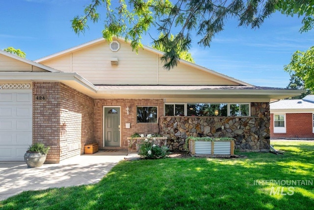 424 N Mobley Dr, Boise, ID 83712 - view of front facade with a front yard, brick siding, a shingled roof, a garage, and stone siding