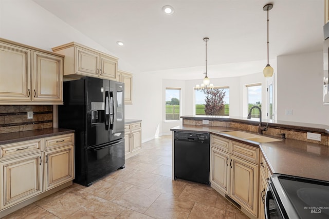 1041 Lupine Ln, Kimberly, ID 83341 - kitchen featuring cream cabinets, black appliances, tasteful backsplash, a chandelier, and dark countertops