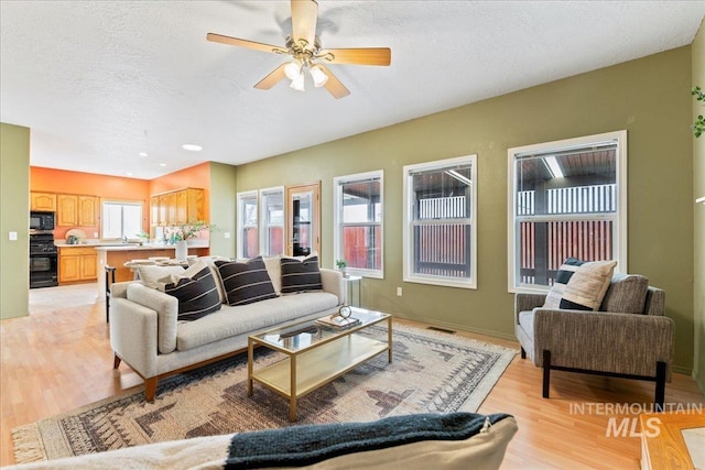 living room featuring ceiling fan, a textured ceiling, and light wood-type flooring