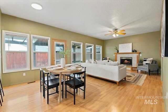 dining room featuring a fireplace, light hardwood / wood-style floors, a textured ceiling, and a wealth of natural light