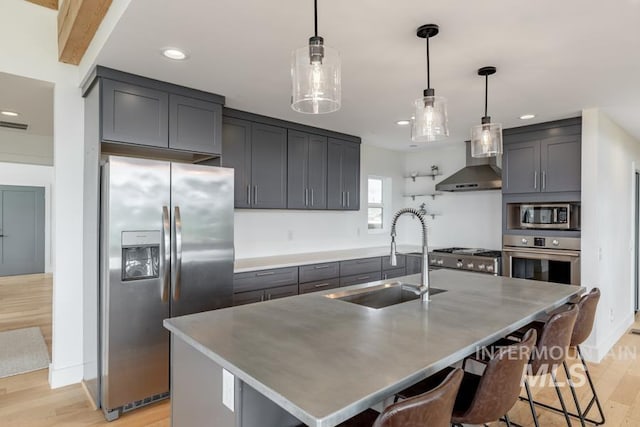 kitchen with light wood-type flooring, stainless steel appliances, wall chimney exhaust hood, and a sink