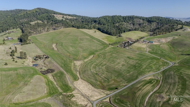 aerial view featuring a wooded view and a mountain view