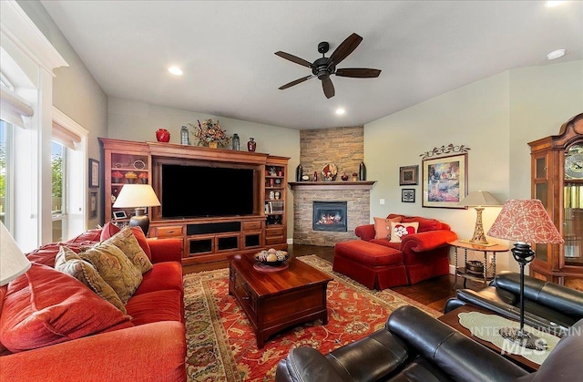 10318 W Adirondack Ct, Star, ID 83669 - living area featuring ceiling fan, wood finished floors, a stone fireplace, and recessed lighting