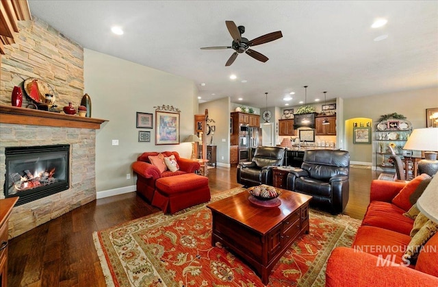 10318 W Adirondack Ct, Star, ID 83669 - living area with a ceiling fan, baseboards, wood finished floors, a fireplace, and recessed lighting