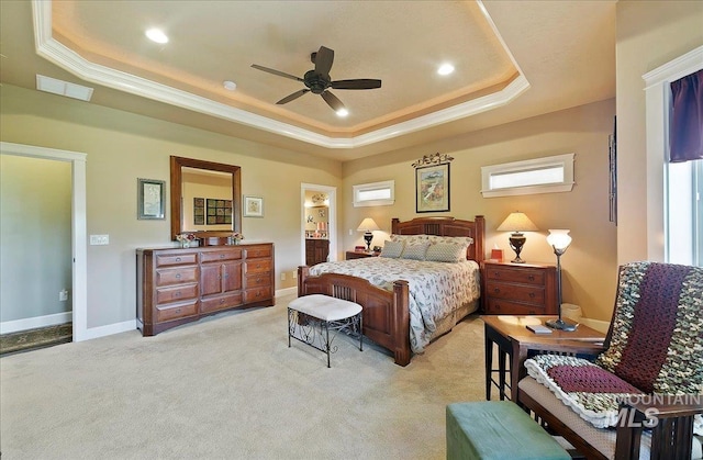 10318 W Adirondack Ct, Star, ID 83669 - bedroom featuring a raised ceiling, light colored carpet, crown molding, baseboards, and ceiling fan
