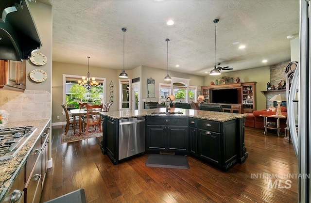 10318 W Adirondack Ct, Star, ID 83669 - kitchen featuring appliances with stainless steel finishes, a textured ceiling, a sink, open floor plan, and dark wood-style flooring