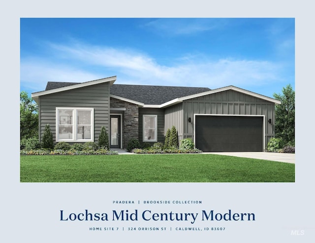 view of front of house featuring a garage, stone siding, concrete driveway, a front lawn, and board and batten siding