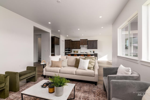 living area with dark wood-type flooring and recessed lighting
