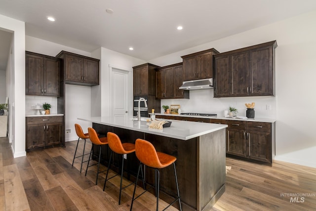 kitchen with stainless steel gas cooktop, a sink, dark wood-style floors, and under cabinet range hood