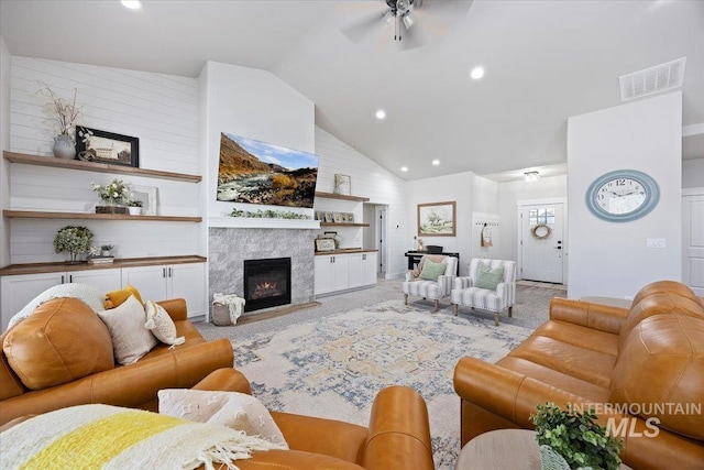 942 Paintbrush, Kimberly, ID 83341 - living area with high vaulted ceiling, ceiling fan, a glass covered fireplace, and recessed lighting