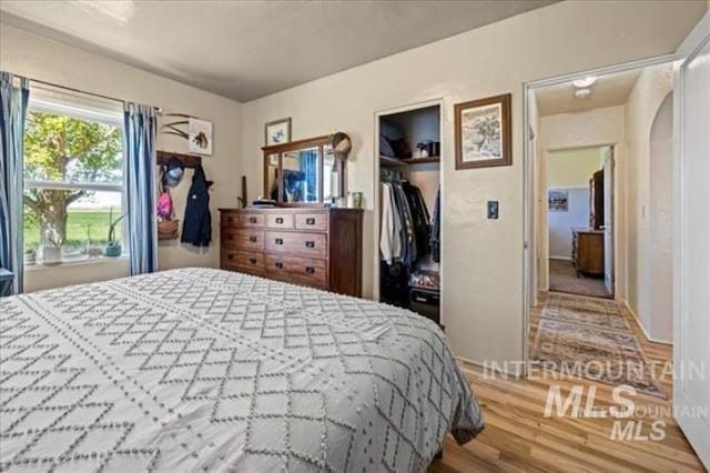 bedroom with a closet, arched walkways, a walk in closet, and wood finished floors