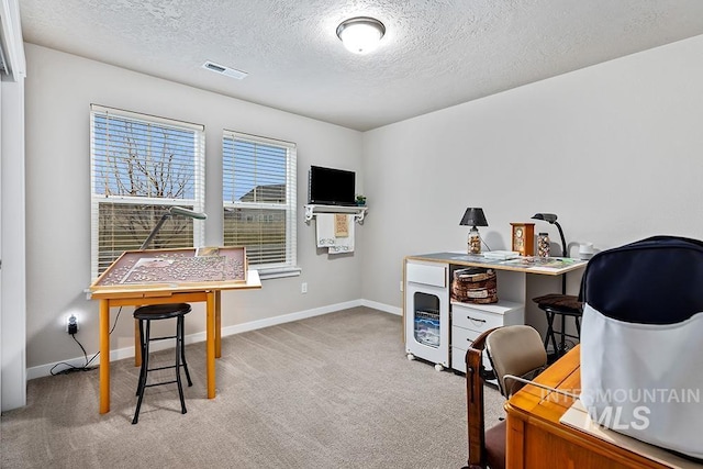 office area featuring a textured ceiling and light colored carpet