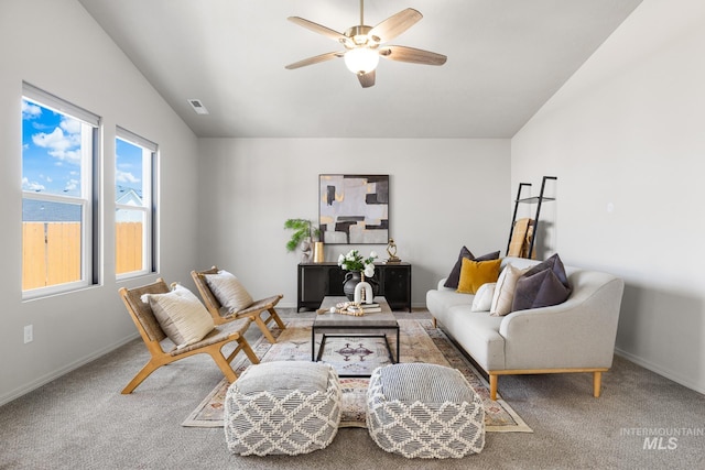 12850 Conner St, Caldwell, ID 83607 - living area with a ceiling fan, vaulted ceiling, baseboards, and carpet floors