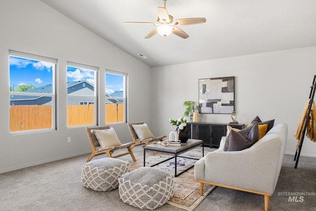 12850 Conner St, Caldwell, ID 83607 - carpeted living room with vaulted ceiling, a ceiling fan, and baseboards
