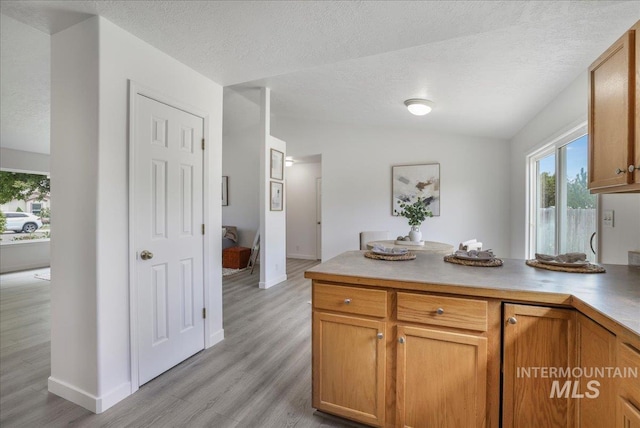 1471 Wrangler St, Twin Falls, ID 83301 - kitchen with a peninsula, light wood-type flooring, vaulted ceiling, brown cabinets, and baseboards