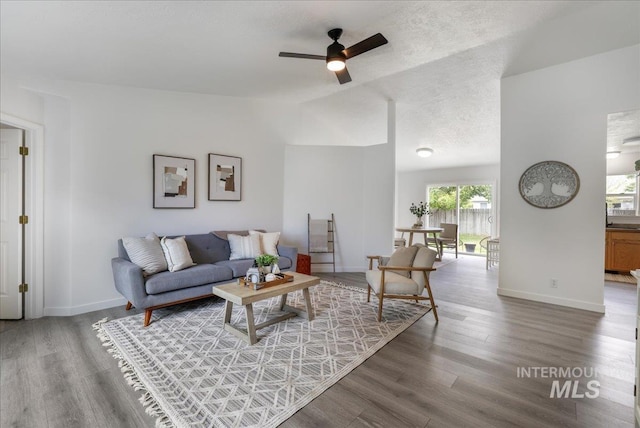 1471 Wrangler St, Twin Falls, ID 83301 - living area featuring ceiling fan, wood finished floors, lofted ceiling, baseboards, and a textured ceiling