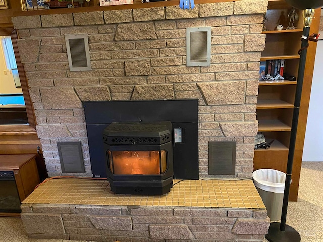 interior details with a wood stove