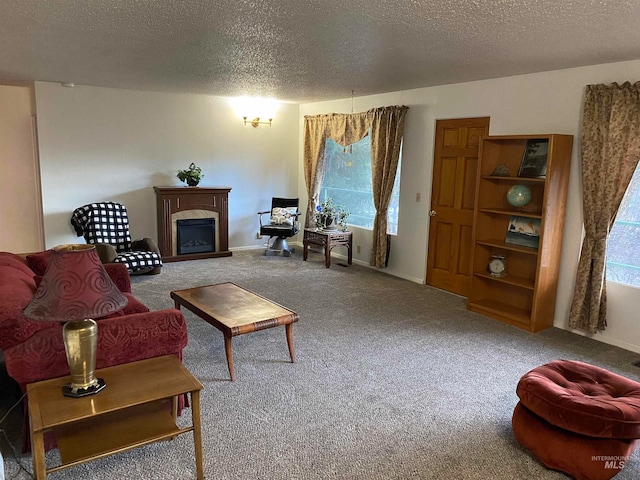 carpeted living room featuring a textured ceiling