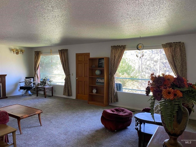 living room with carpet floors, a textured ceiling, and a notable chandelier