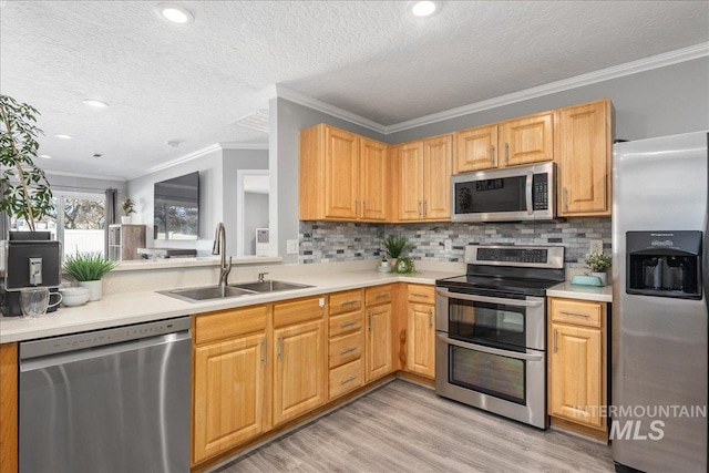 kitchen with sink, decorative backsplash, ornamental molding, stainless steel appliances, and light hardwood / wood-style flooring