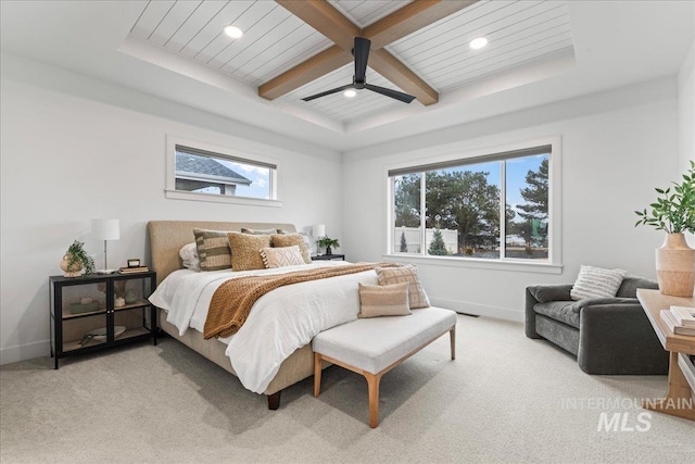 bedroom featuring recessed lighting, light carpet, coffered ceiling, baseboards, and beamed ceiling