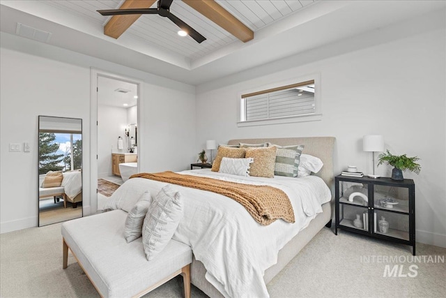 bedroom with light colored carpet, visible vents, wood ceiling, beamed ceiling, and baseboards