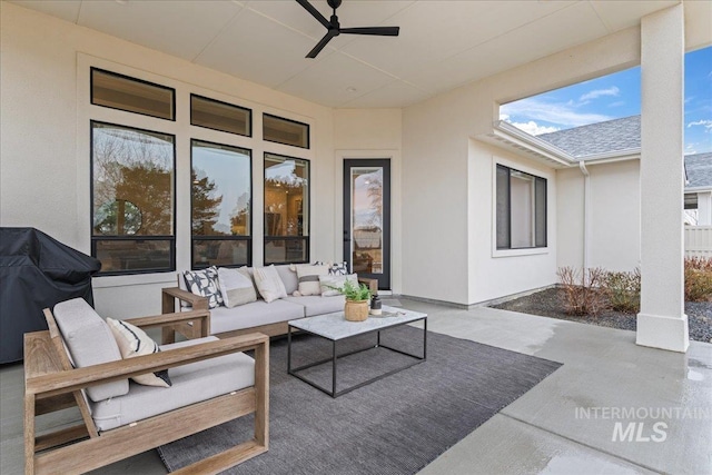 view of patio with ceiling fan, outdoor lounge area, and a grill