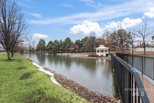 property view of water with a gazebo