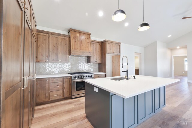 534 Falling Leaf Ln, Twin Falls, ID 83301 - kitchen featuring high end stainless steel range, a sink, light wood finished floors, premium range hood, and tasteful backsplash