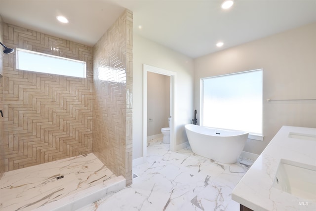 full bath featuring marble finish floor, recessed lighting, toilet, a stall shower, and baseboards