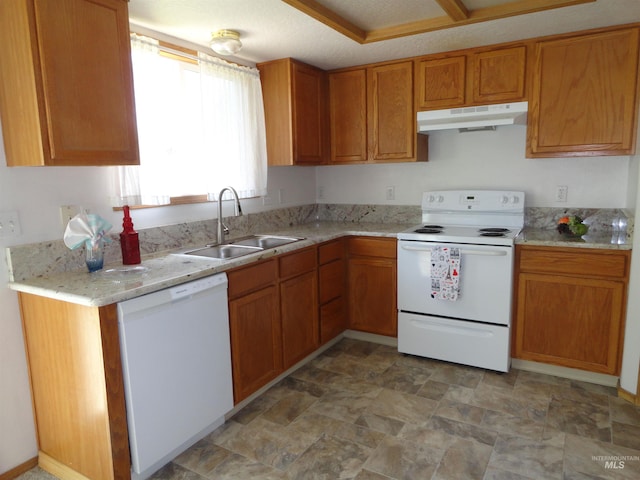 909 W Oakmont Ave, Nampa, ID 83686 - kitchen featuring white appliances, a sink, under cabinet range hood, and brown cabinetry
