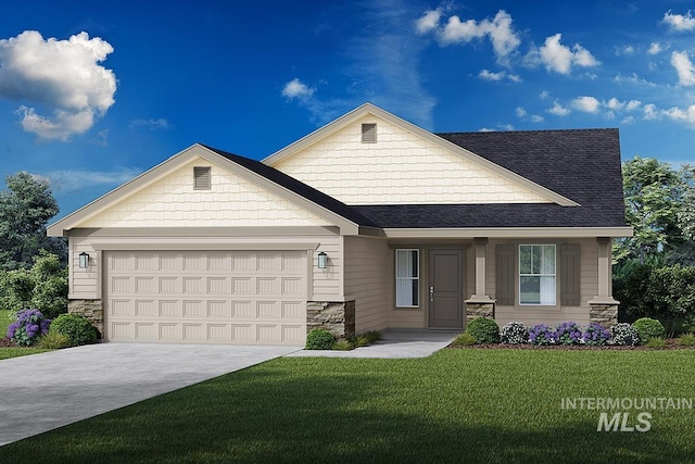 view of front of house with stone siding, a garage, a front yard, driveway, and roof with shingles