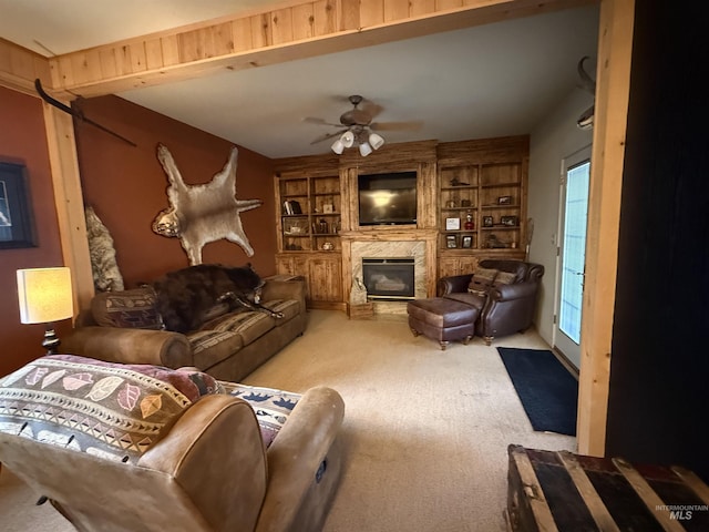 1351 Poplar, Twin Falls, ID 83301 - carpeted living room with a fireplace, a ceiling fan, and built in shelves