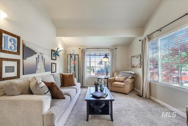 1037 Pahsimeroi Dr, Twin Falls, ID 83301 - carpeted living area with healthy amount of natural light, vaulted ceiling, and baseboards