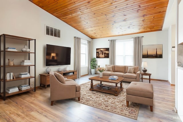 living room featuring light hardwood / wood-style floors, high vaulted ceiling, and wood ceiling