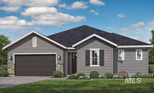 ranch-style home with roof with shingles, an attached garage, driveway, and a front lawn