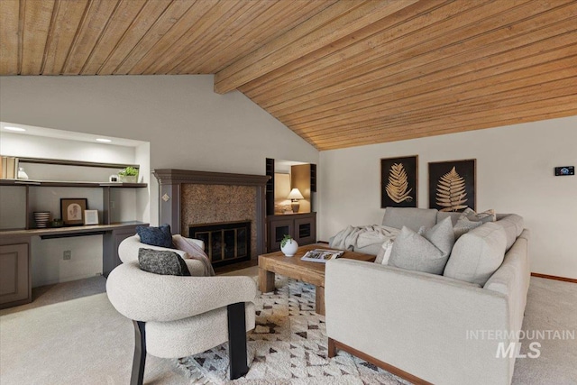 living area featuring a glass covered fireplace, lofted ceiling with beams, wood ceiling, and light carpet