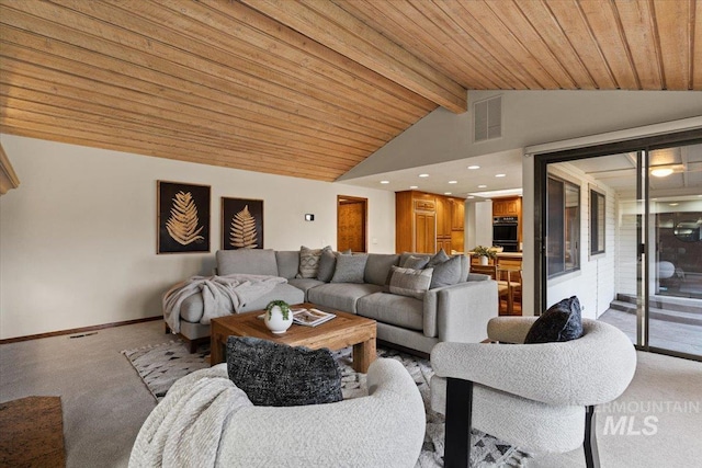 living area featuring visible vents, light carpet, lofted ceiling with beams, wooden ceiling, and baseboards