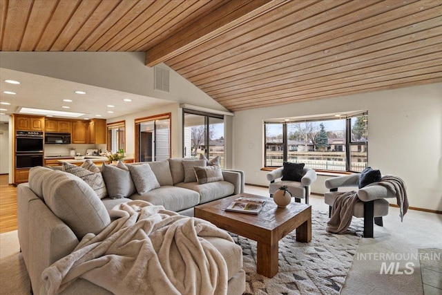 living area with visible vents, baseboards, beam ceiling, recessed lighting, and wooden ceiling