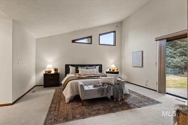 bedroom with visible vents, light carpet, a textured ceiling, baseboards, and access to exterior