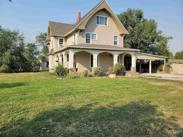 view of front of house with fence, covered porch, a chimney, and a front lawn