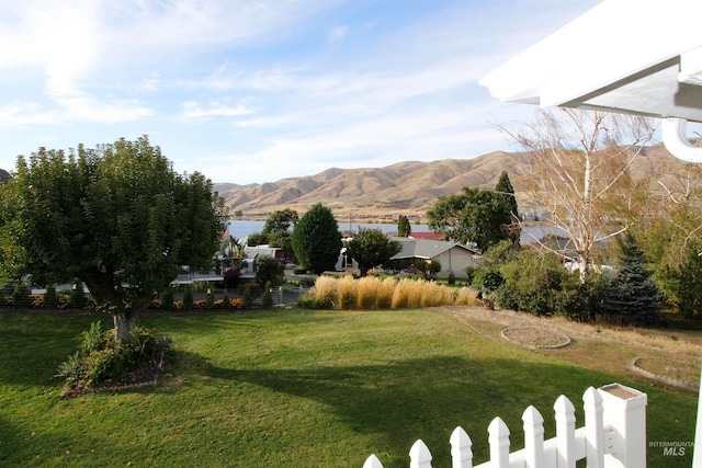 view of yard with a water and mountain view