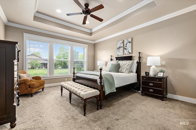 11714 W Pinewood River Ln, Star, ID 83669 - bedroom featuring a raised ceiling, ornamental molding, light colored carpet, and a ceiling fan