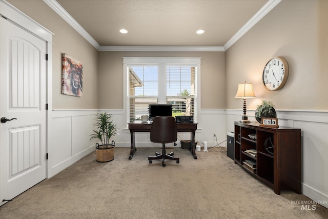 11714 W Pinewood River Ln, Star, ID 83669 - office area featuring carpet flooring, wainscoting, and ornamental molding