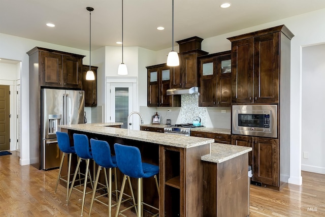 6859 N Topaz Jewel Pl, Meridian, ID 83646 - kitchen featuring appliances with stainless steel finishes, an island with sink, backsplash, light wood-style flooring, and dark brown cabinets