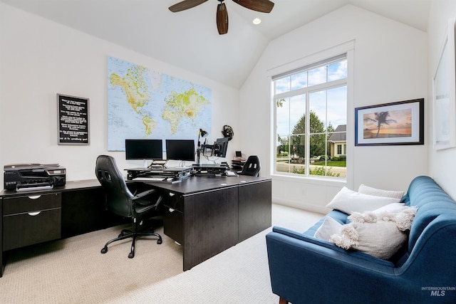 6859 N Topaz Jewel Pl, Meridian, ID 83646 - office with light colored carpet, vaulted ceiling, and a ceiling fan